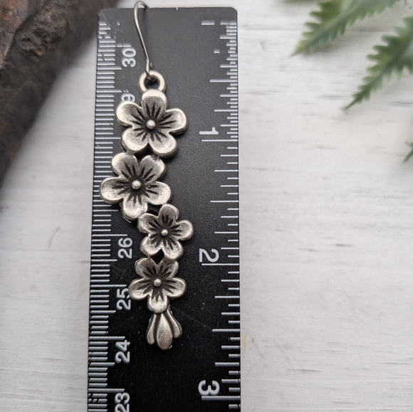 Sterling Silver Floral Drop Earrings - Silver Flower Dangle Earrings - Picture 4 of 5